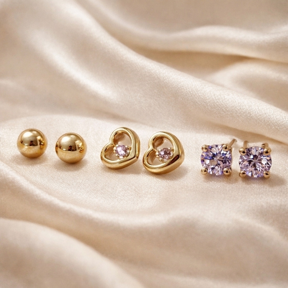Trio: Gold Ball Studs, Heart-Shaped Pink Crystal Earrings, and Lavender Gemstone